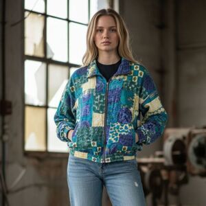 Basic Edition Windbreaker Jacket Womens L Vintage 90s Cluttercore Patchwork